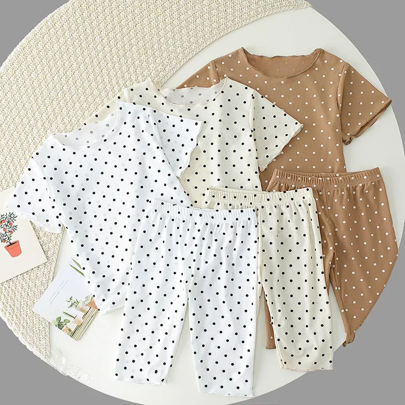 Girls Casual Round Neck Short Sleeve Polka Dot Top And Pants Pajama Set