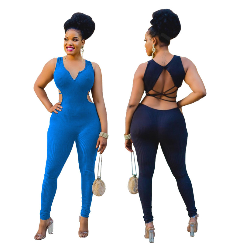 Women Solid Color V-Neck Sleeveless Hollow Waist Fashion Jumpsuit