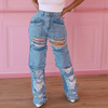 Women Fashion Casual Defined Waist Ripped Wide-Leg Jeans