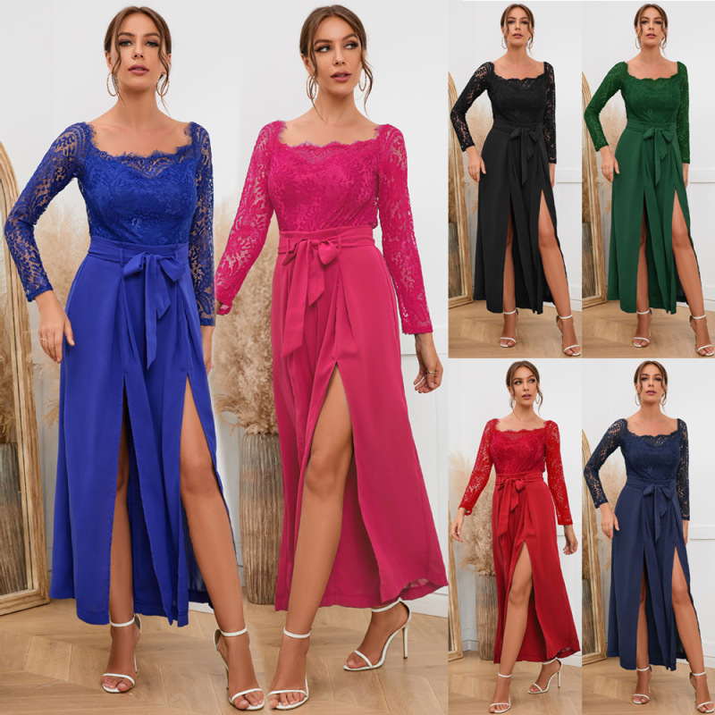 Women Elegant Solid Color Lace Patchwork Long-Sleeved Off-The-Shoulder Belted Side-Slit Jumpsuits