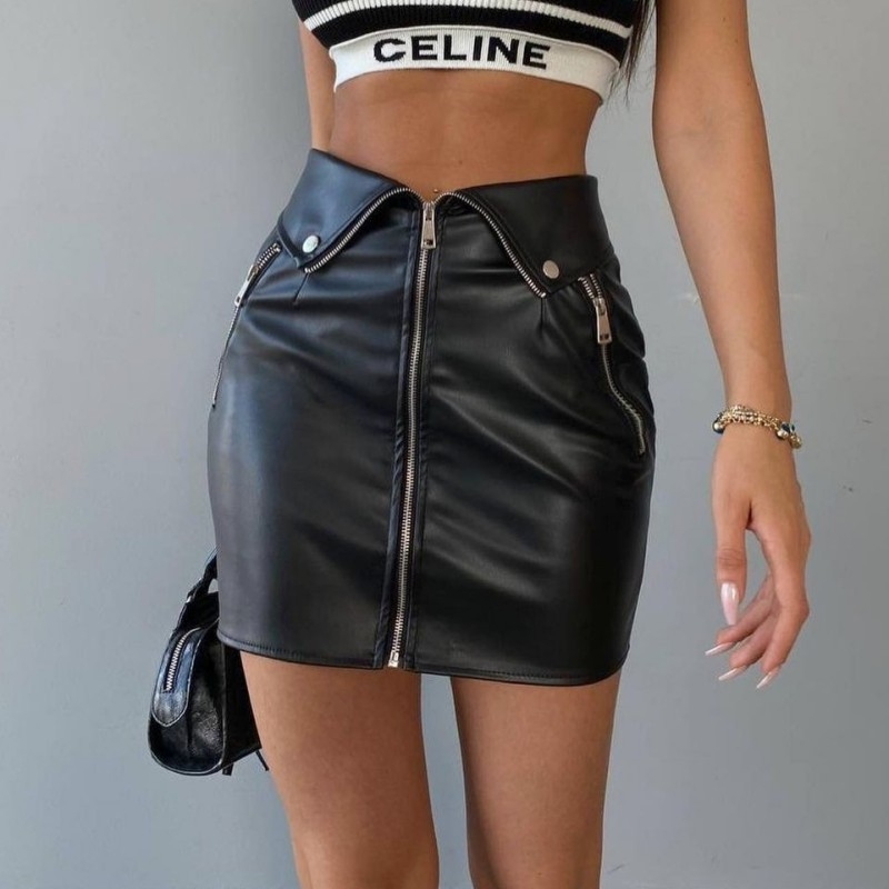 Women'S Fashion Sexy Leather Slim Zipper Skirt