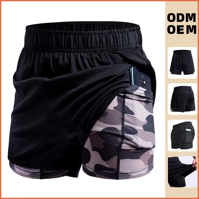 Men Casual Elastic Quick-Drying Fake Two-Piece Sports Shorts