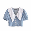 Women'S Vintage Lapel Short Sleeve Puff Sleeve Denim Shirt