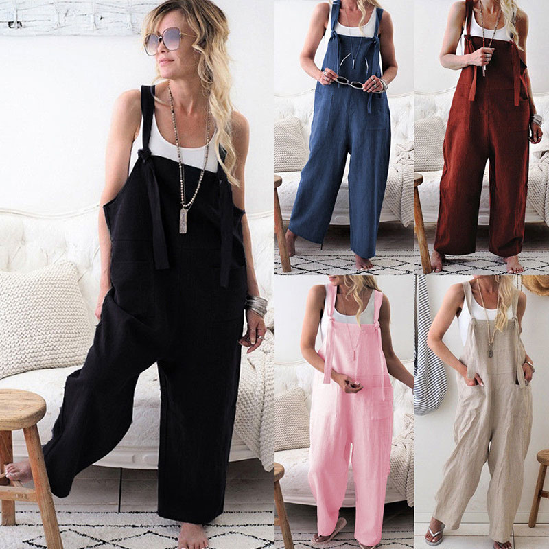 Women Solid Color Plus Size Pocket Patchwork Sling Jumpsuits