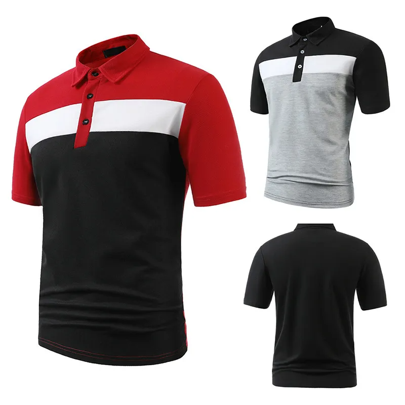 Men Business Casual Stitching Color Block Short Sleeved Lapel Polo Shirt