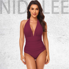 Women Simple Solid Color Shirring Halter Neck One-Piece Swimwear