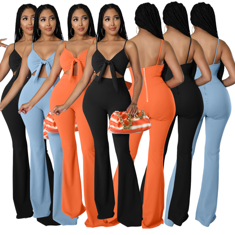 Women Solid Color Suspender Strap Hollow Flared Fashion Jumpsuit