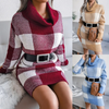Women Casual Elegant Winter Plaid Turtle Neck Color Blocking Knitted Dress