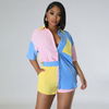 Women'S Fashion Casual Color Blocking Short Sleeve Shirt Pocket Shorts Two-Piece Set