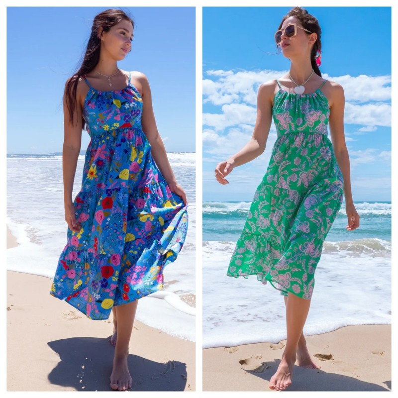 Women Fashion Vacation Loose Floral Printed Sleeveless Backless Spaghetti Strap Dress