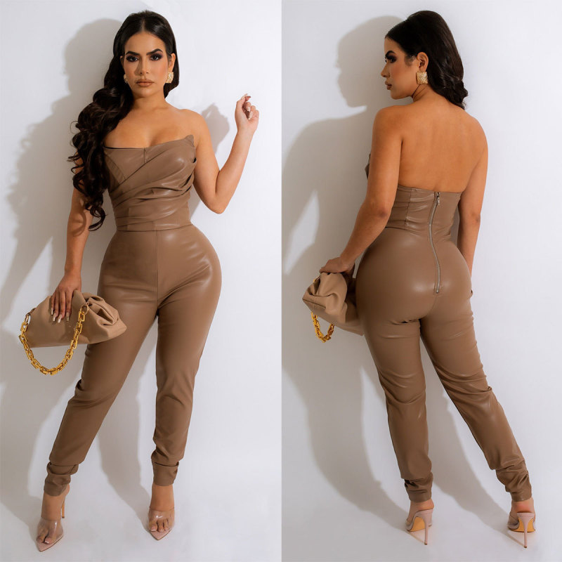 Women Sexy Strapless Solid Color Pu Leather Tube Top Jumpsuits