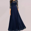 Women Stitching Chiffon Evening Dress Round Neck Long Sleeve Maxi Dress