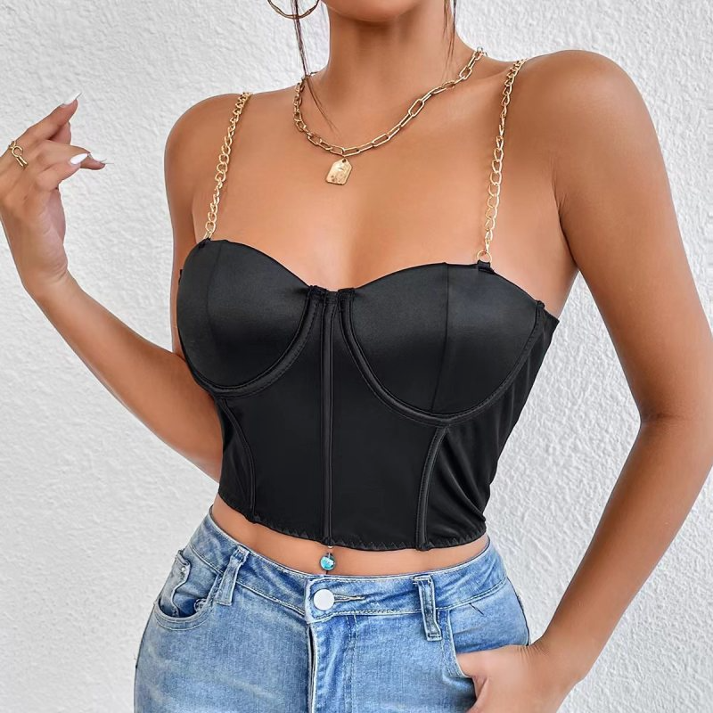 Women Sexy Black Golden Chain Spaghetti Strap Slim-Fit Cropped Camis Corset