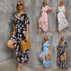 Women Fashion Casual Floral Printing V-Neck Short Sleeve Slit Dress