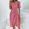 Women'S Fashion Casual Floral Printing Puff Sleeve Irregular Elegant Midi Dress