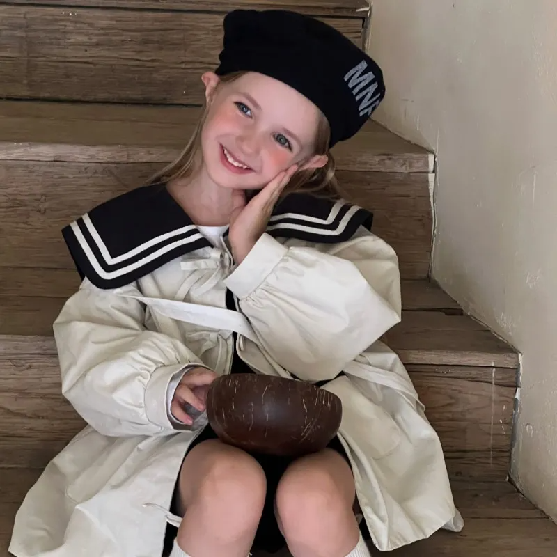 ( Buy 1 Get 2 )Kids Toddler Girls Spring Autumn Casual Cute Solid Color Sailor Suit Button Lapel Long Sleeve Coat