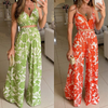 Women Summer Vacation Sleeveless V-Neck Floral Print Cropped Top Casual Fashion Pants Set