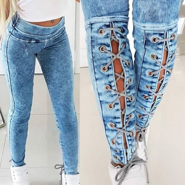 Women'S Fashion Casual Bandage High-Waist Elastic Waist Slim Jeans