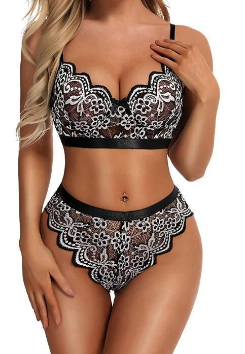 Women Sexy High Elastic Mesh See-Through Fashion Lace Patchwork Bra And Panty Lingerie Set