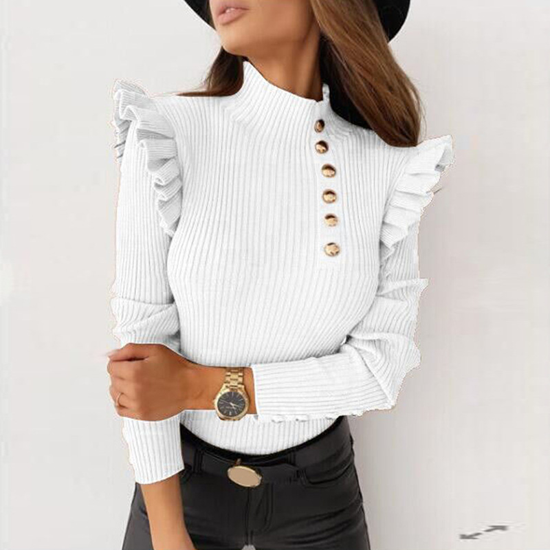 Women Casual Ruffled Long-Sleeved Solid Color Rib-Knit Knitted Top