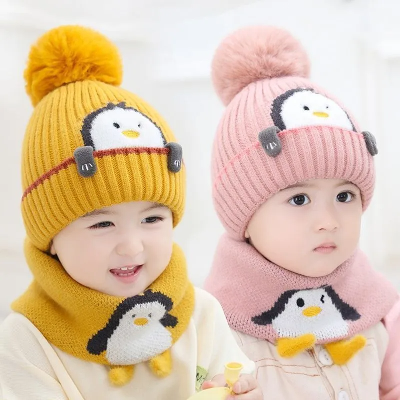 (Buy 1 Get 1)  Kids Unisex Autumn Winter Fashion Casual Cute Solid Color Cartoon Penguin Hat Scarf Two Set