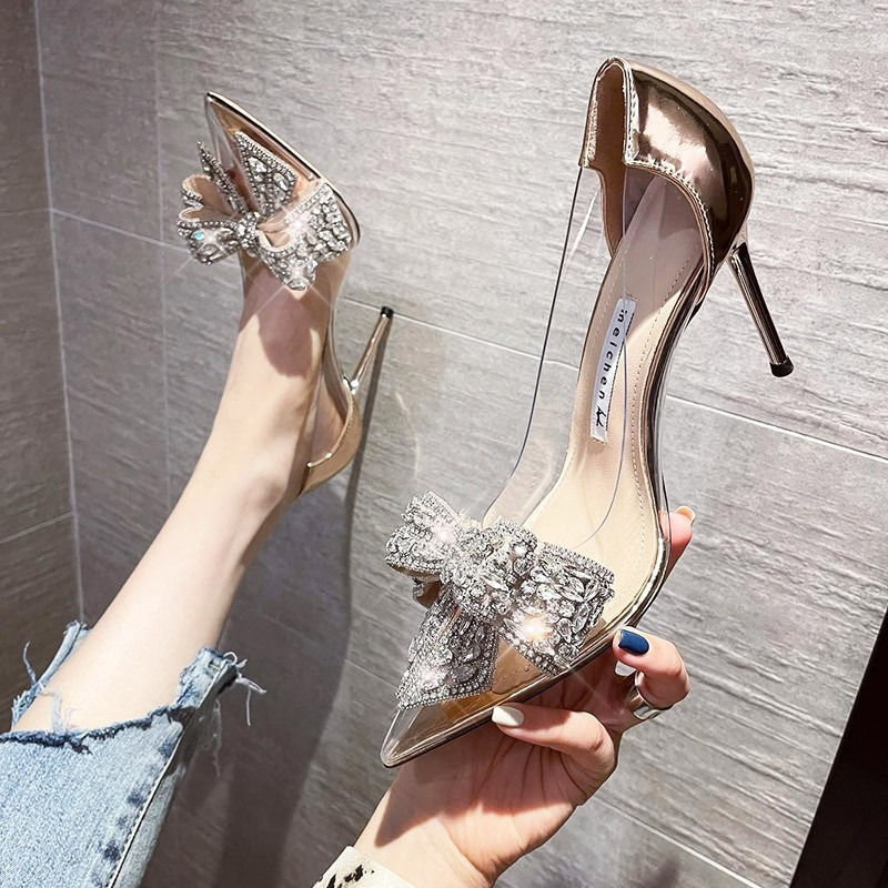 Women Fashion Sexy Transparent Rhinestone Pointed Toe Stiletto Pumps