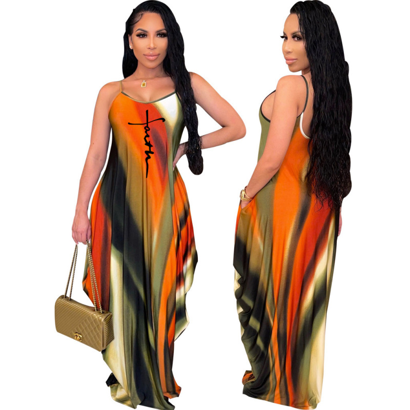 Women Casual Fashion Printing Sleeveless V-Neck Strap Dress