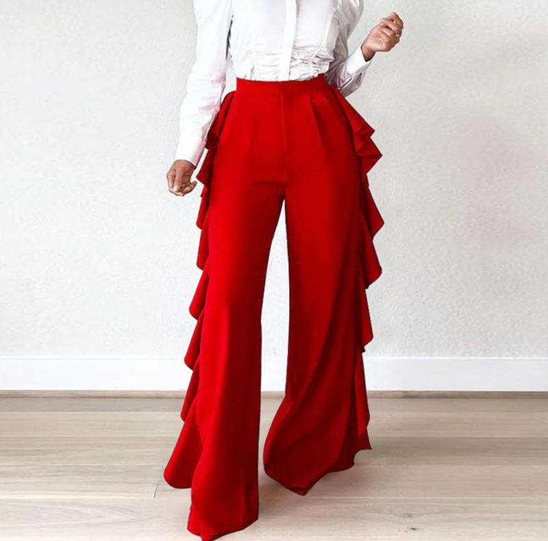 Women Solid Color Ruffle High Waist Wide Leg Pants