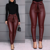 Women Fashion Solid Color High Waist Sash PU Pants