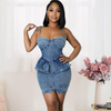 Women Slim Elastic Sexy Zipper Suspenders Ruffle Denim Dress