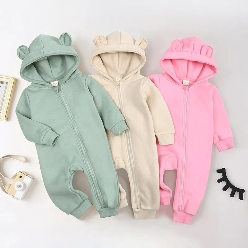 Kids Baby Boys Girls Autumn Winter Casual Cute Solid Color Bear Long Sleeve Hooded Jumpsuit