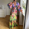 Ramadan /Eid Women Sweet Plus Size Party Boho Dating V Neck Gradient Color Floral Printed Ruffle Maxi Dress