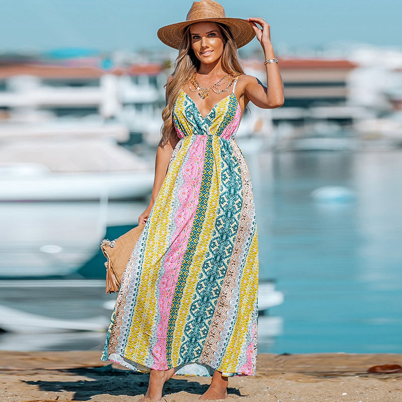 Women Fashion Casual Printed Backless Sling Maxi Dress