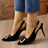 Women Fashion Casual Plus Size Solid Color Pointed Toe Metal Buckle Sling Back High Heel Sandals