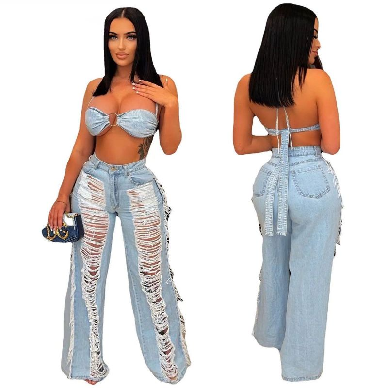 Women Denim Crop Bra Top And Ripped Fringe Trousers Two-Piece Set