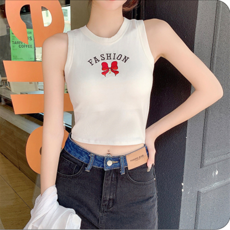 2 Pieces Women'S Casual Comfortable Wide Shoulder Embroidered Bow Tank Top With Chest Pad