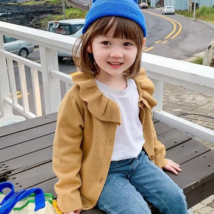 Girls Sweet Ruffled Solid Color Single-Breasted Knit Coat