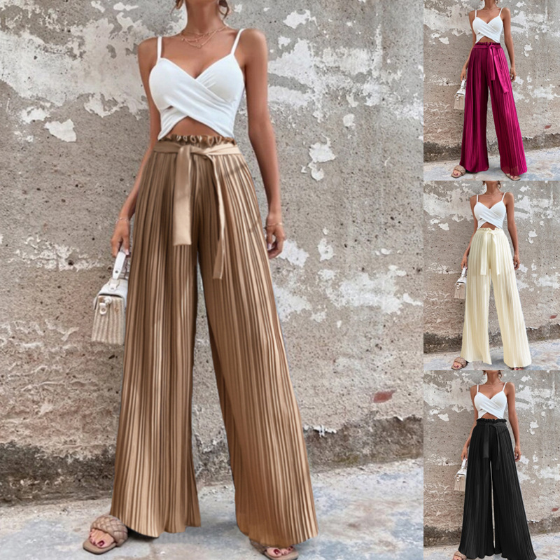 Women Casual Solid Color Pleated High Waist Straight Leg Pants