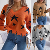 Women Fashion Casual V-Neck Star Hole Long Sleeve Knitted Sweater