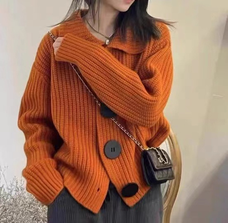 Women Fashion Winter Solid Color Button Lapel Knitted Sweater