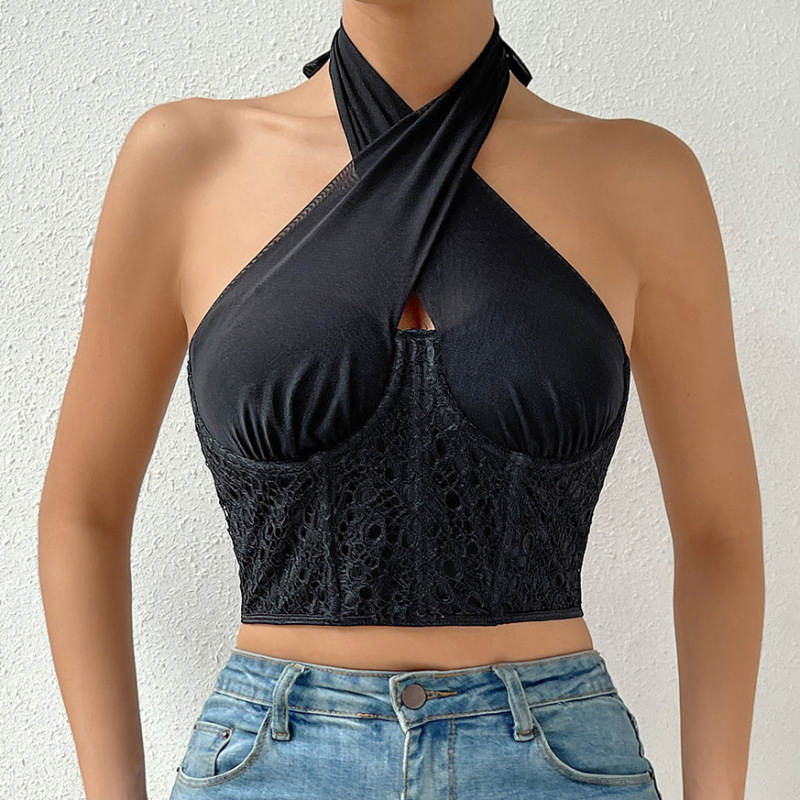 Women Irregular Sexy Hollow Lace-Up Halter Neck Sleeveless Cropped Tops Corset