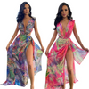 Women Fashion Sexy Vacation Floral Printed Deep V Sleeveless Backless Side Slit Two-Piece Set Dress