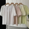 Summer Sweet Women Loose Round Neck Solid Color Puff Sleeve Blouse