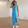 Women Pleated Half High Collar Sleeveless Top And High Waist Slit Mid Length Skirt Two-Piece Set