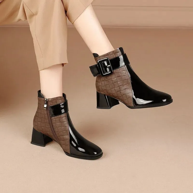 Autumn Winter Women Fashionable Round Toe PU Chunky Heel Chelsea Boots