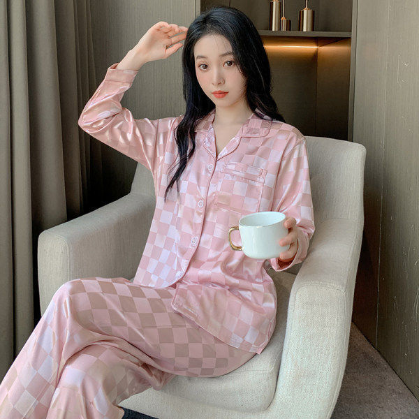 Cozy Pajamas Women Plaid Ice Silk Long-Sleeved Two-Piece Sleep Loungewear