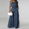 Women Fashion Loose Strapless Denim Jumpsuit