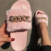 Women Leisure Plush Metal Chain Design Flats Slippers Shoes