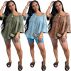 Women Fashion Casual Washed Drop Shoulder Loose T-Shirt Tight Shorts Two-Piece Set