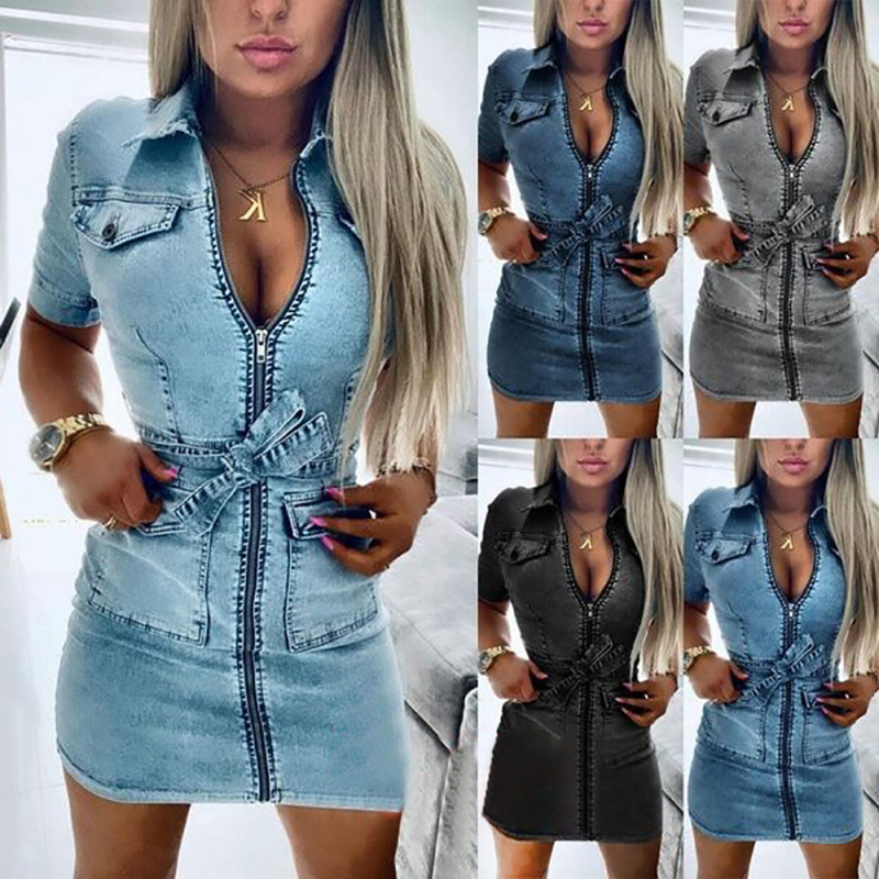 Women Elegant Bandage Short Sleeve Zipper Pocket Slim Denim Bodycon Dress